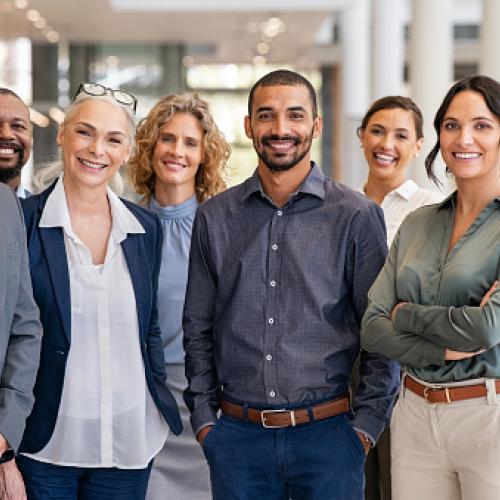 Corporate team posing for photo