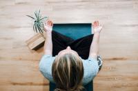 person sitting on blue yoga mat in cross-legged position on wooden floor with plant and yoga blocks next to them